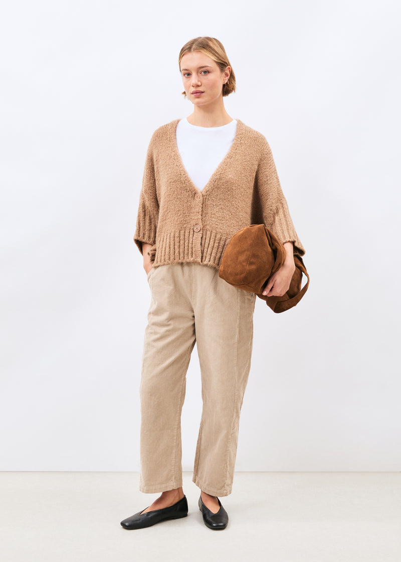 Beige boucle knit cardigan with 3/4 sleeves and V-neck ~ humility