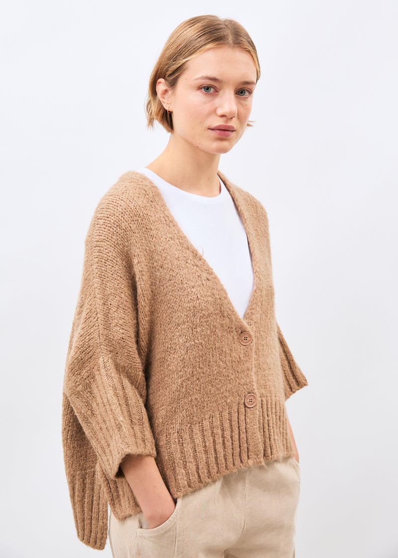 Beige boucle knit cardigan with 3/4 sleeves and V-neck ~ humility