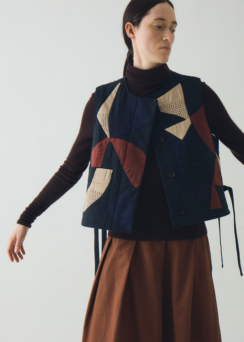 Bird Patchwork Side Tie Vest ~ TOAST