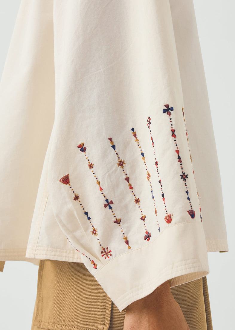 Embroidered Sleeve Cotton Sateen Top, Natural ~ TOAST