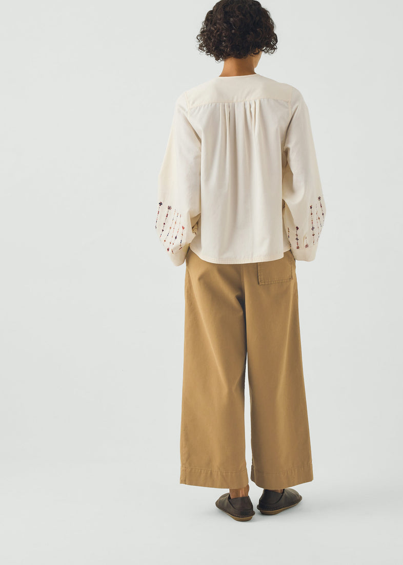 Embroidered Sleeve Cotton Sateen Top, Natural ~ TOAST