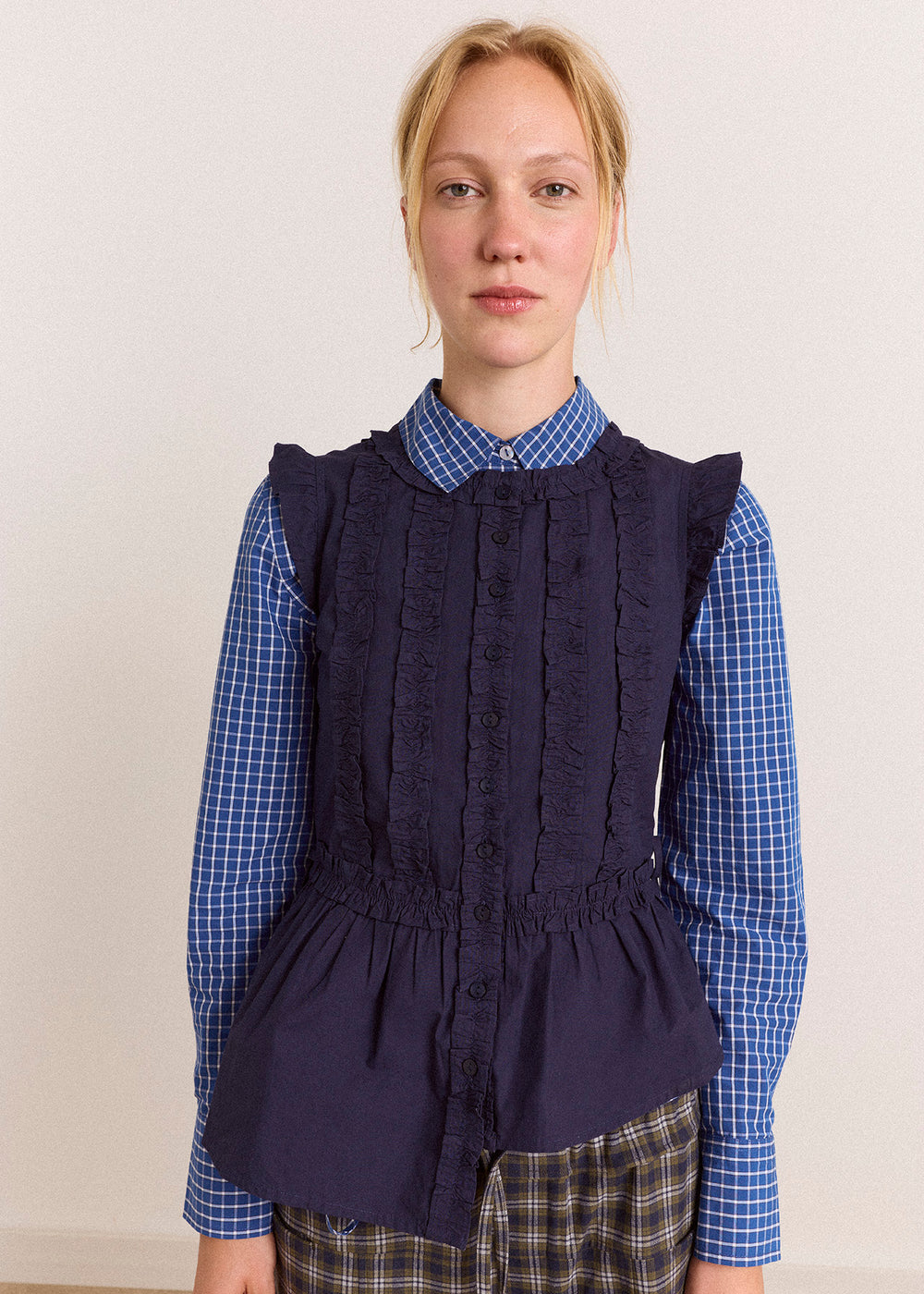 Leighton Ruffle Blouse, Navy ~ Damson Madder