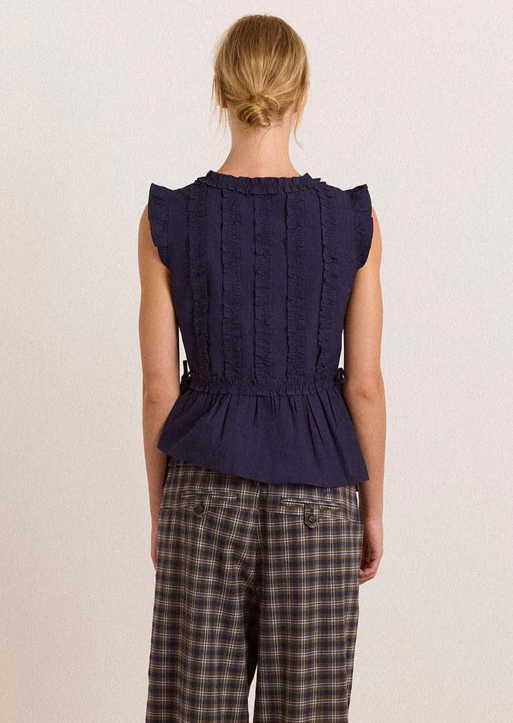 Leighton Ruffle Blouse, Navy ~ Damson Madder