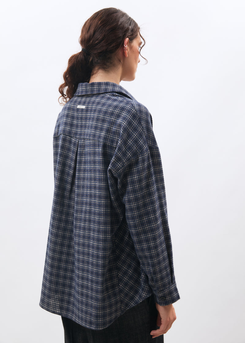 Navy blue oversized long-sleeve checkered shirt ~ humility