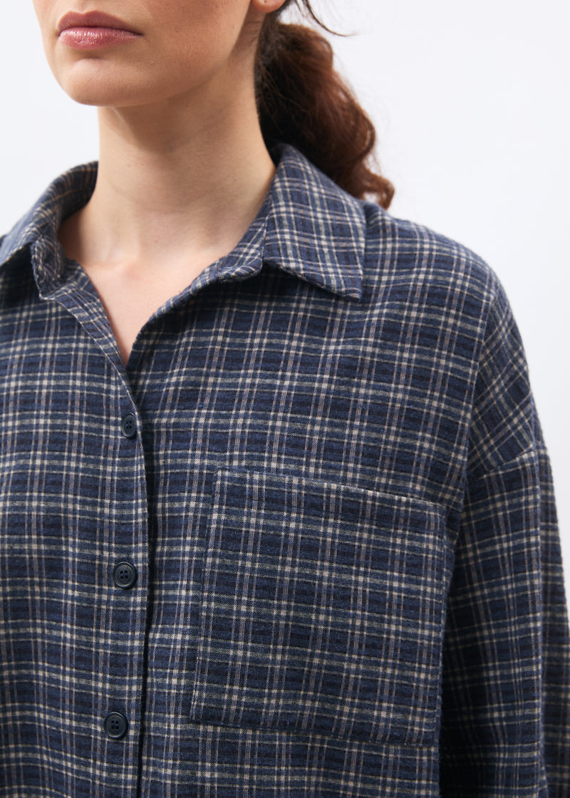 Navy blue oversized long-sleeve checkered shirt ~ humility