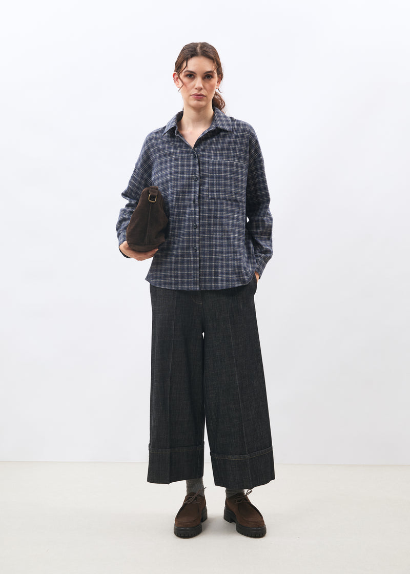 Navy blue oversized long-sleeve checkered shirt ~ humility