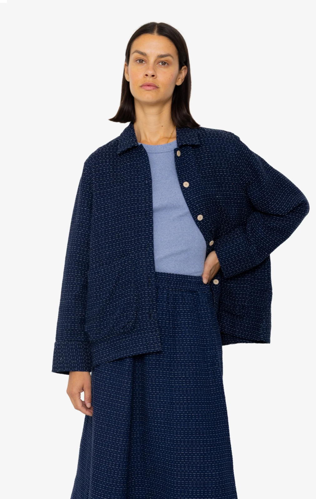 Pleated Shirt, Indigo Float Stitch