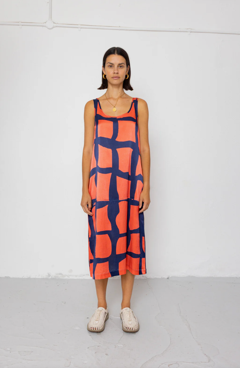 Slip Dress - Abstract Block Print Navy