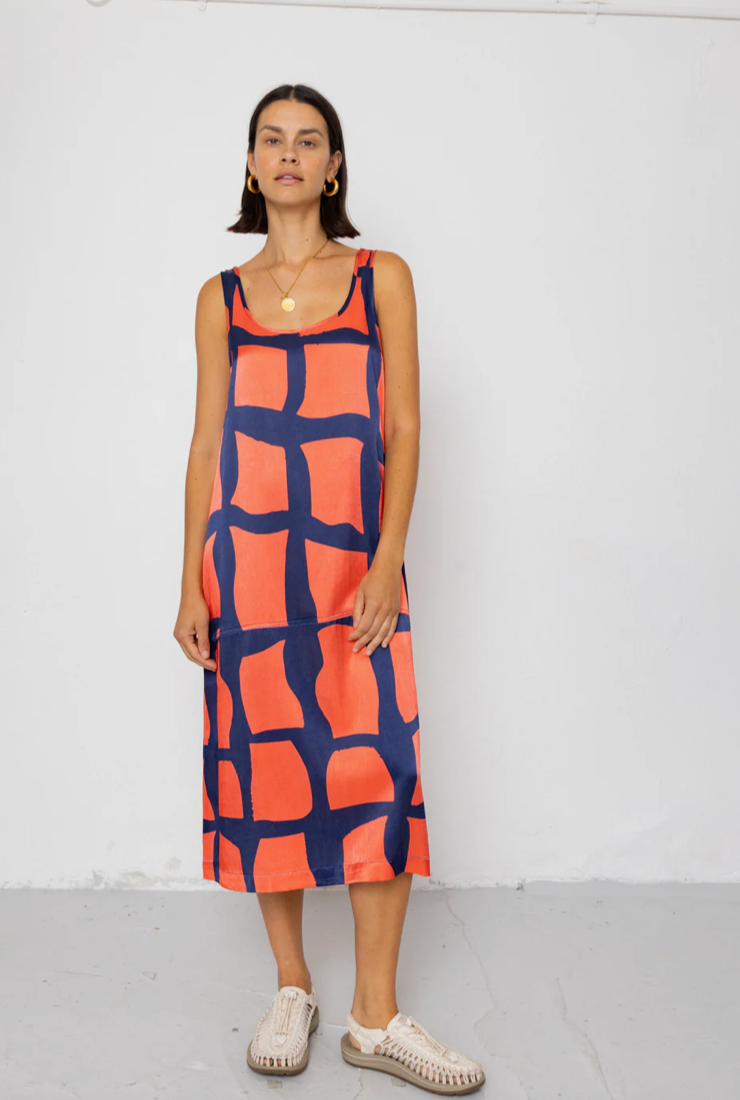 Slip Dress - Abstract Block Print Navy