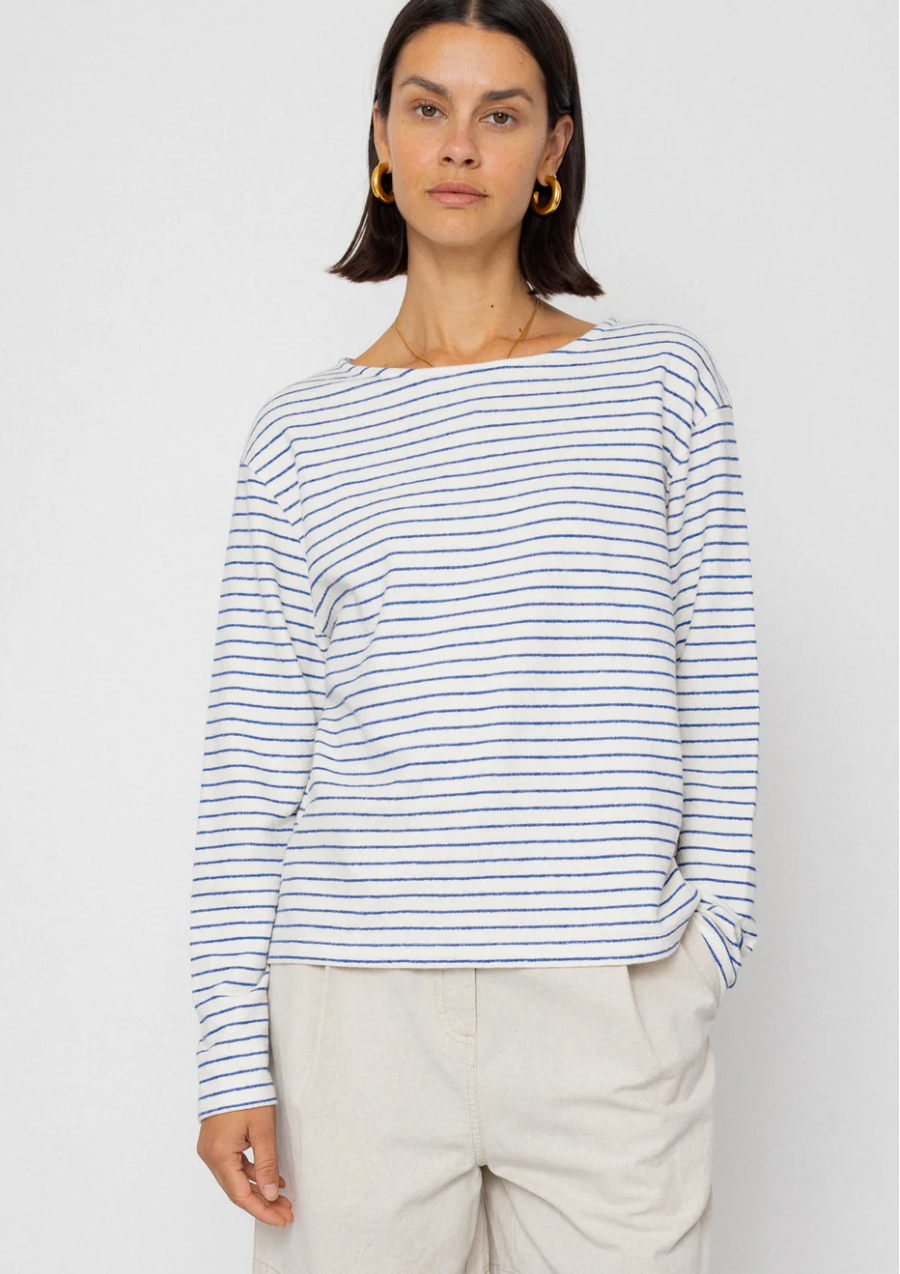 Boat Neck T-Shirt - Ecru / Bright Blue