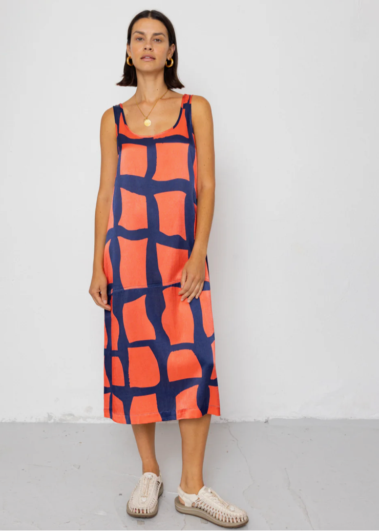 Slip Dress, Abstract Block Print Navy - Folk