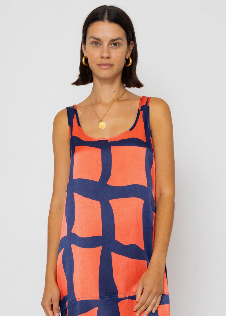 Slip Dress, Abstract Block Print Navy - Folk