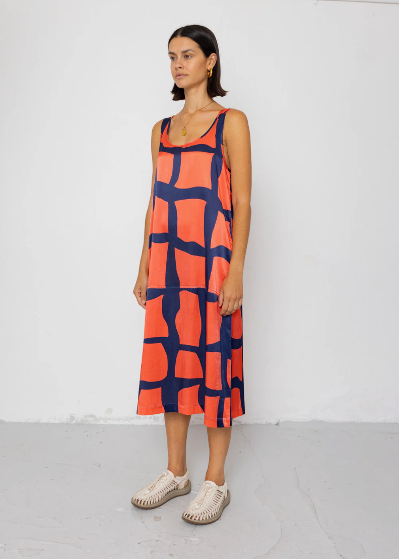 Slip Dress, Abstract Block Print Navy - Folk