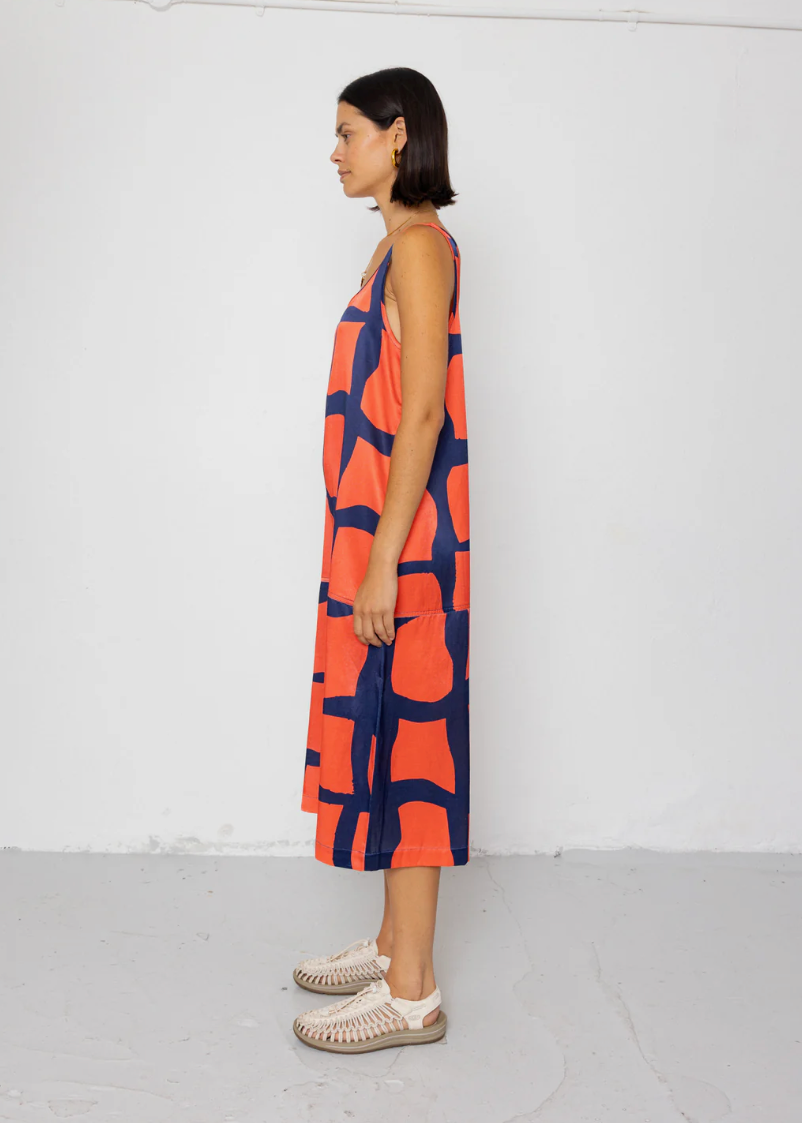Slip Dress, Abstract Block Print Navy - Folk