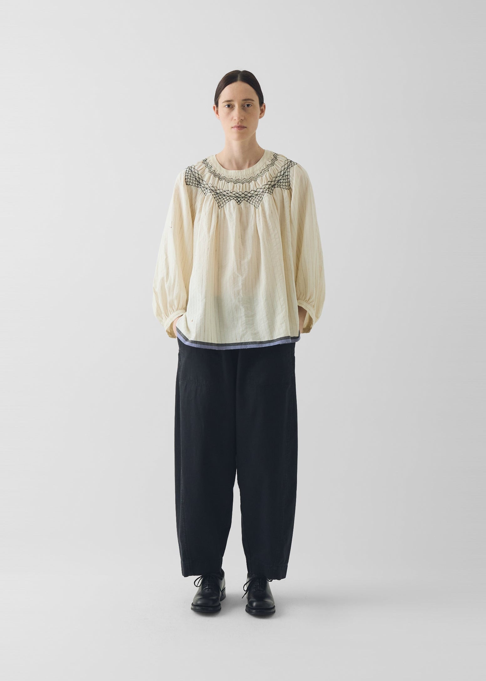 Smocked Neck Cotton Silk Mulmul Top, Ecru ~ TOAST
