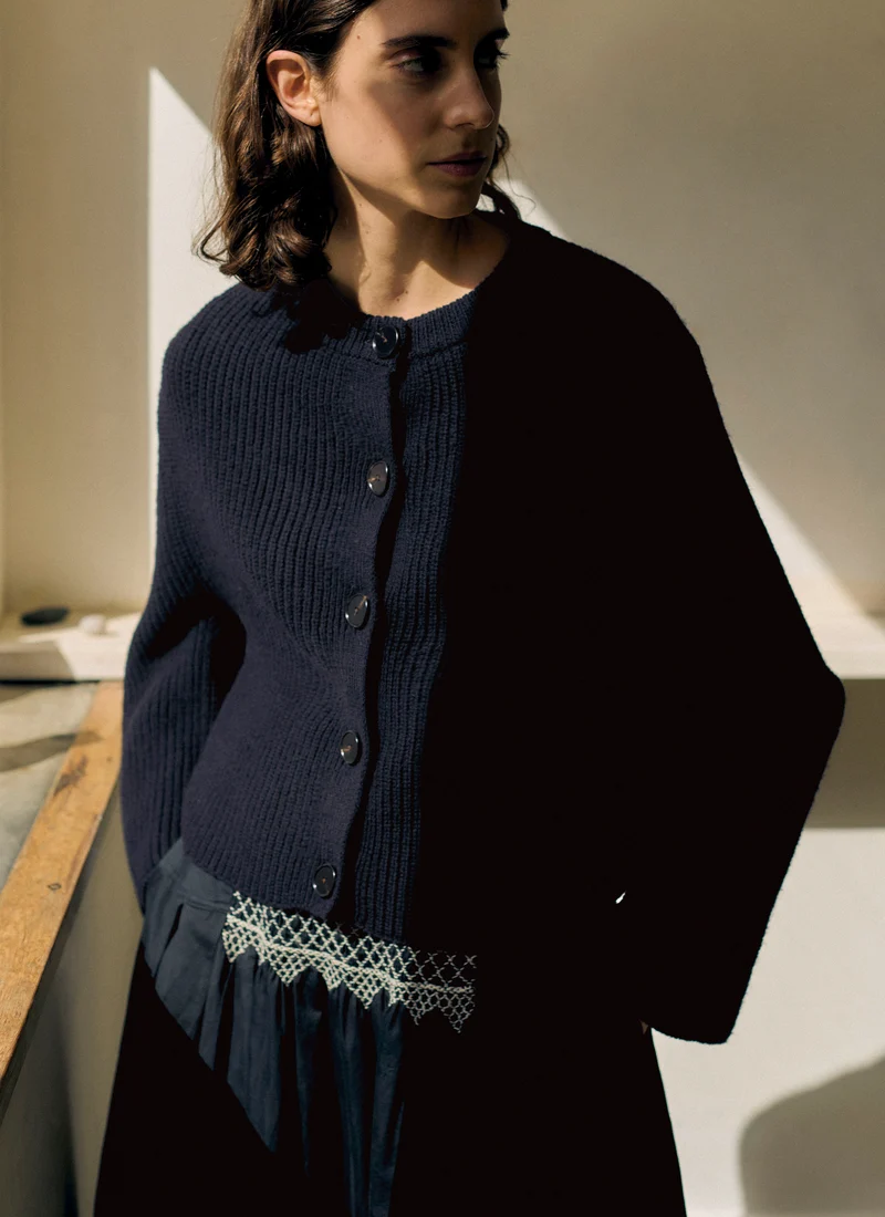 Ribbed Wool Rounded Cardigan, Dark Navy