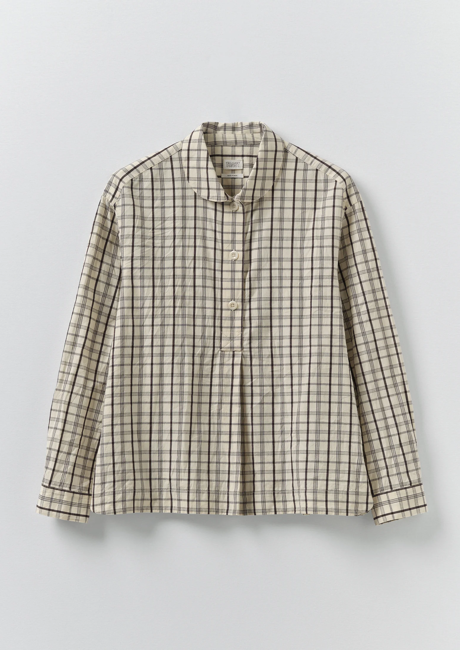 Half Placket Check Cotton Shirt - Ecru