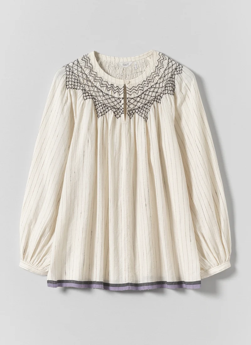 Smocked Neck Cotton Silk Mulmul Top, Ecru