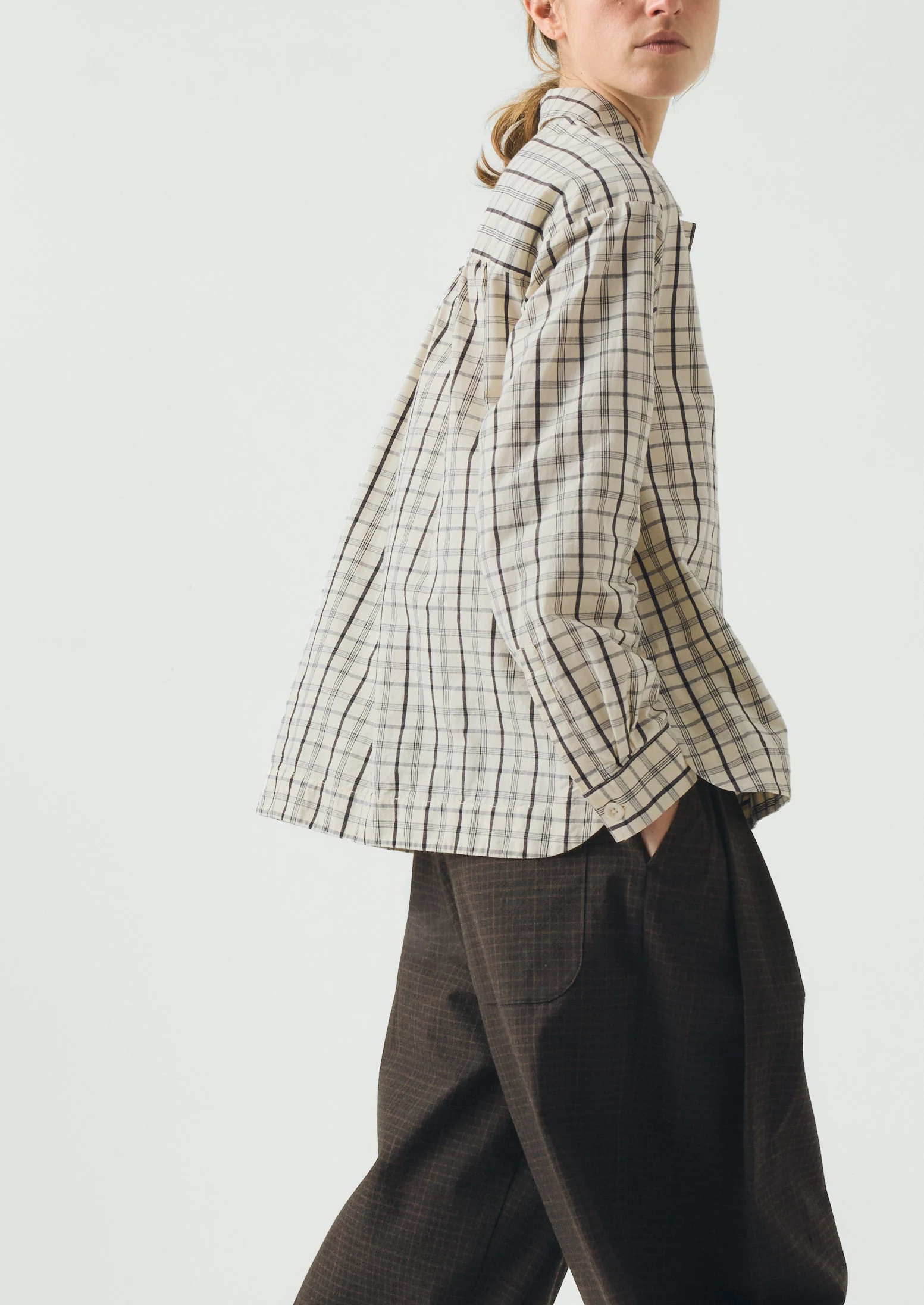 Half Placket Check Cotton Shirt - Ecru
