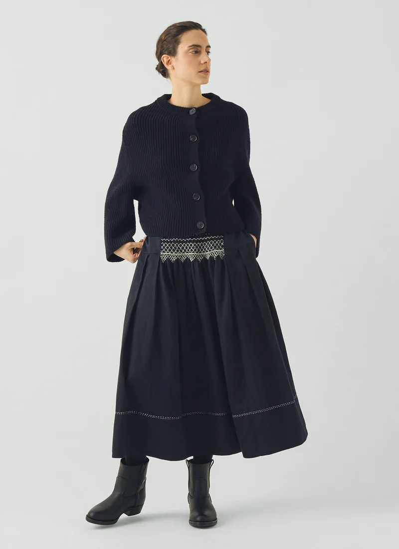 Cotton Satin Smocked Skirt, Midnight