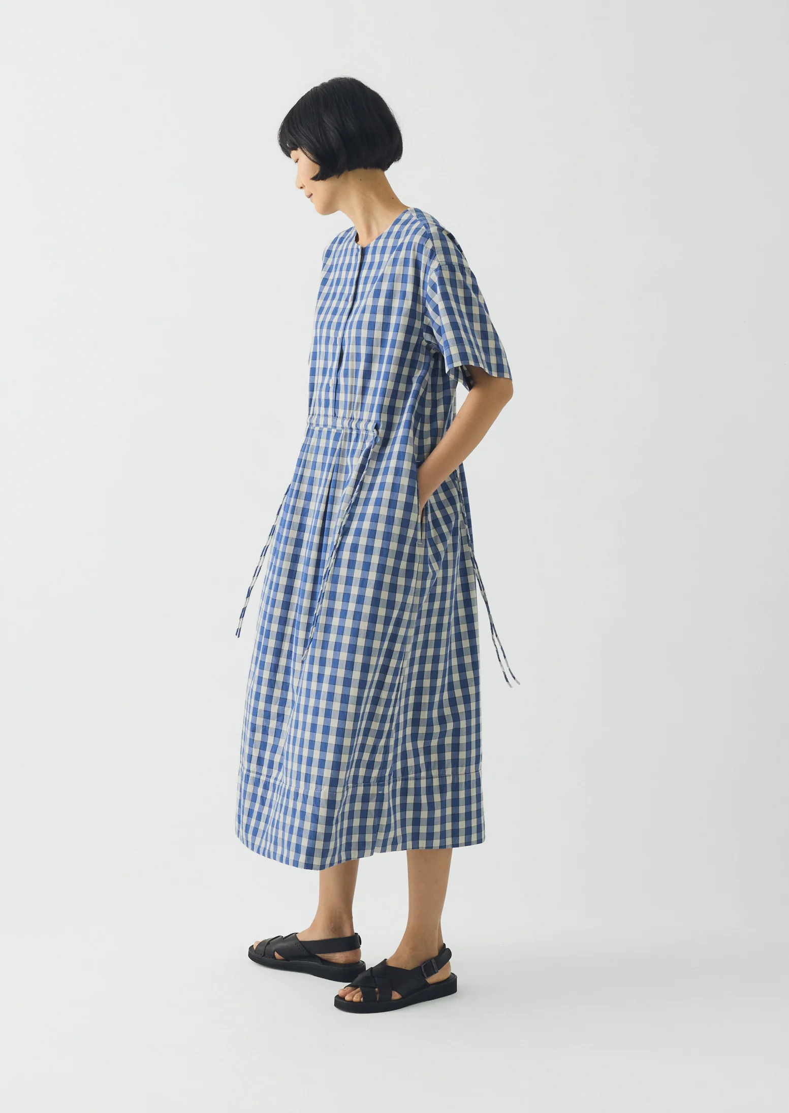 toast gingham plaid check blue midi dress