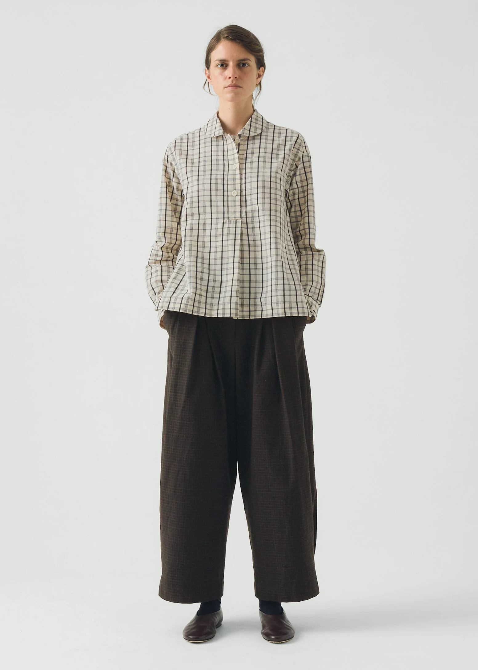 Half Placket Check Cotton Shirt, Ecru - TOAST