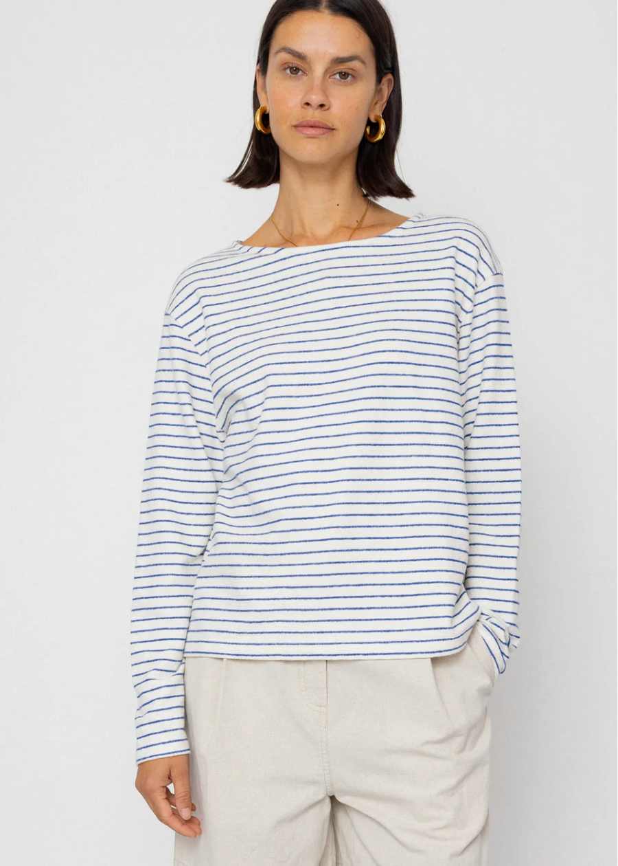 Boat Neck T-Shirt, Ecru/Bright Blue - Folk