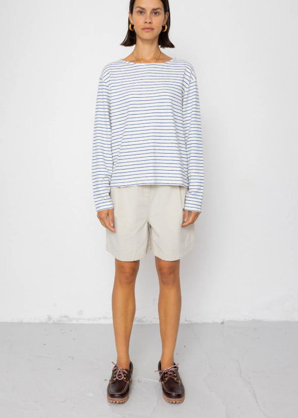 Boat Neck T-Shirt, Ecru/Bright Blue - Folk