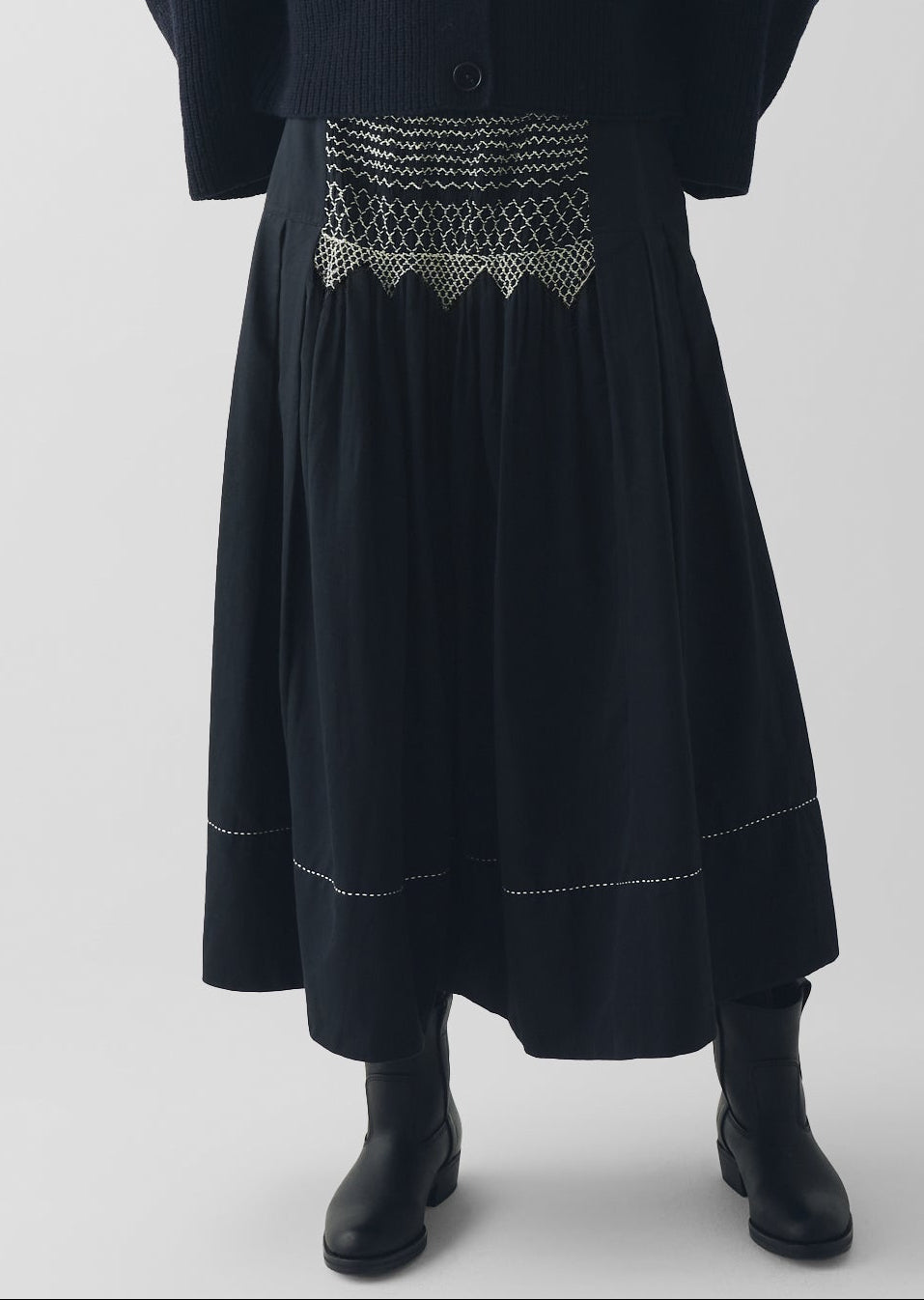 Cotton Satin Smocked Skirt, Midnight ~ TOAST