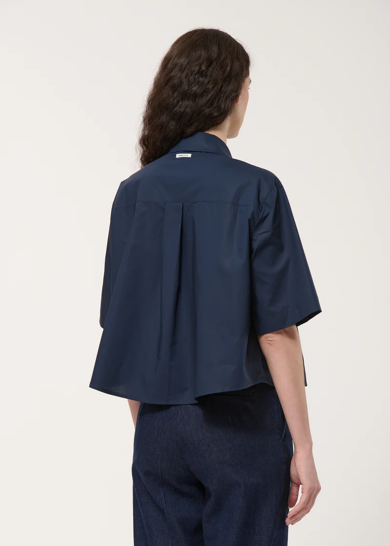 Dark blue pleated cotton poplin shirt - humility