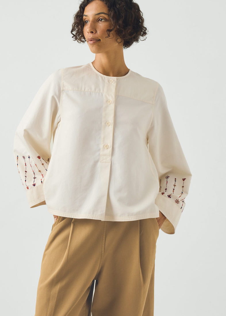 Embroidered Sleeve Cotton Sateen Top, Natural ~ TOAST