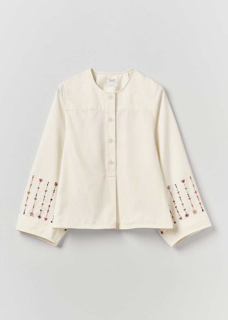 Embroidered Sleeve Cotton Sateen Top, Natural ~ TOAST