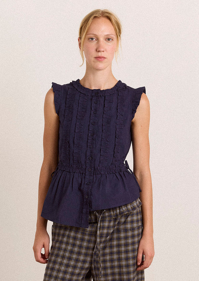 Leighton Ruffle Blouse, Navy ~ Damson Madder
