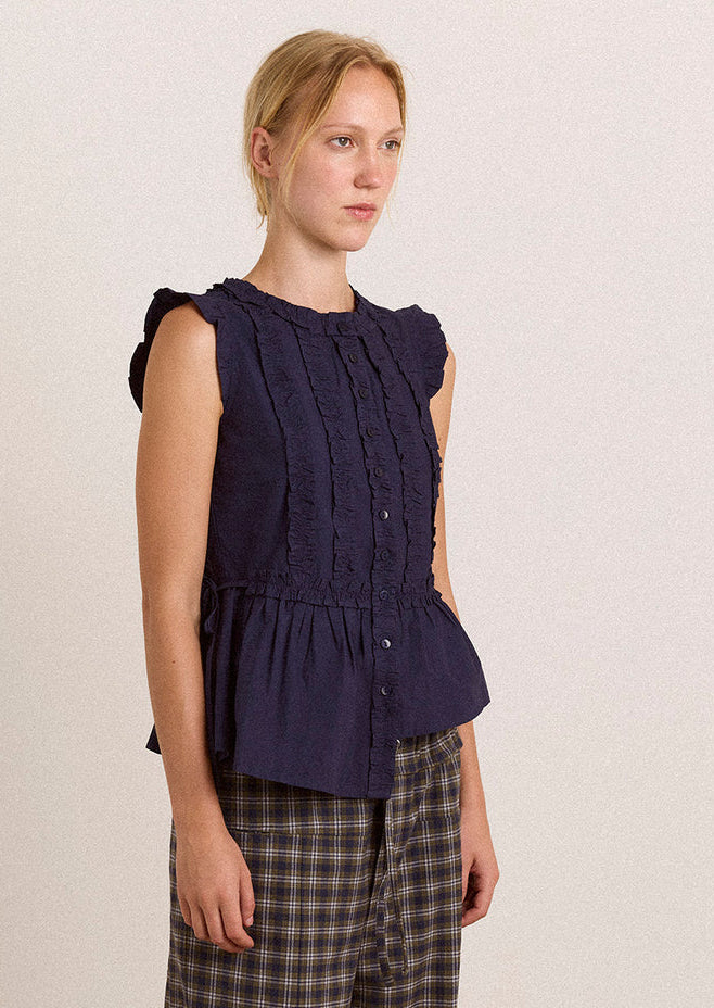 Leighton Ruffle Blouse, Navy ~ Damson Madder