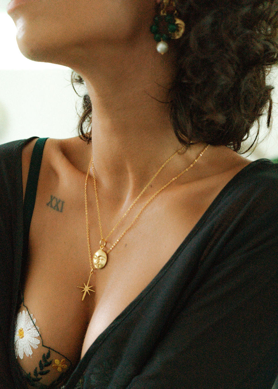 Moon Face Gold Pendant Necklace ~ Ottoman Hands