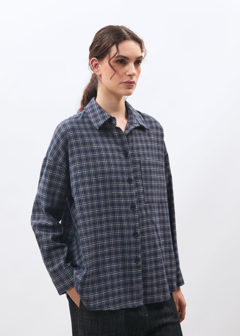Navy blue oversized long-sleeve checkered shirt ~ humility