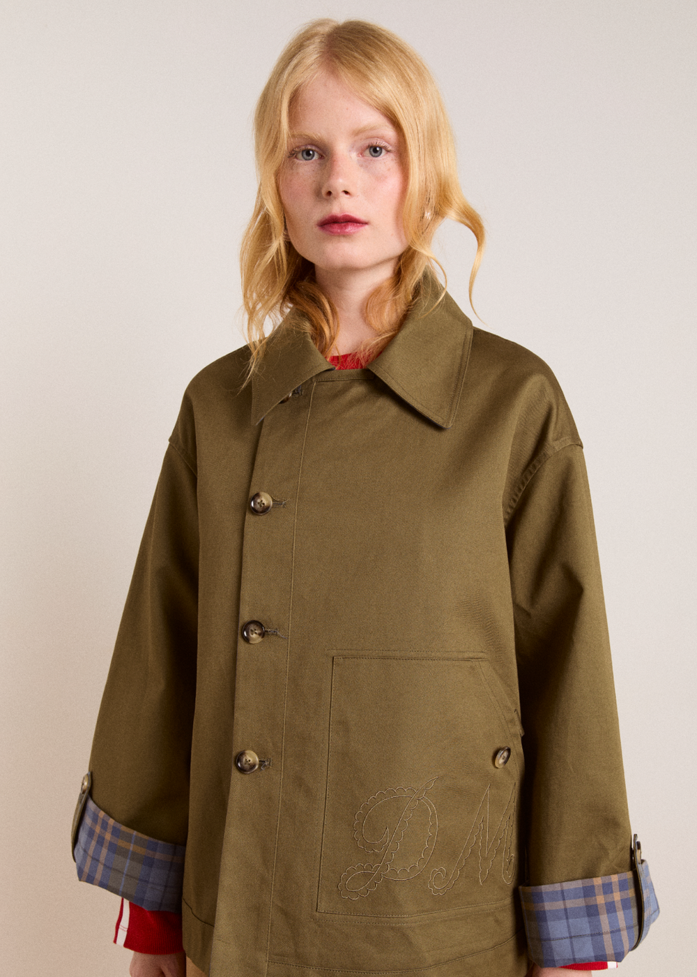 Reversible Jerry Crop Trench Coat, Olive ~ Damson Madder