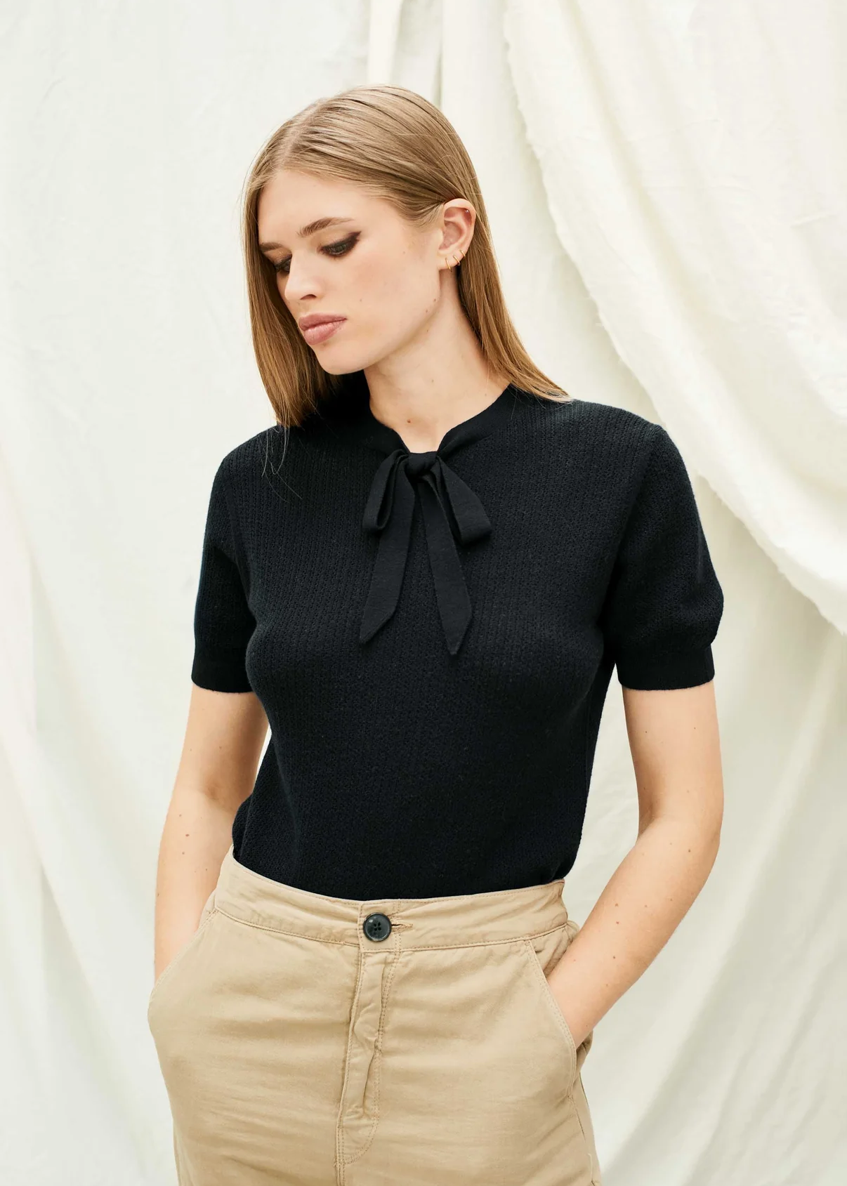 Ribbed Pointelle Tee, Black - Jumper1234