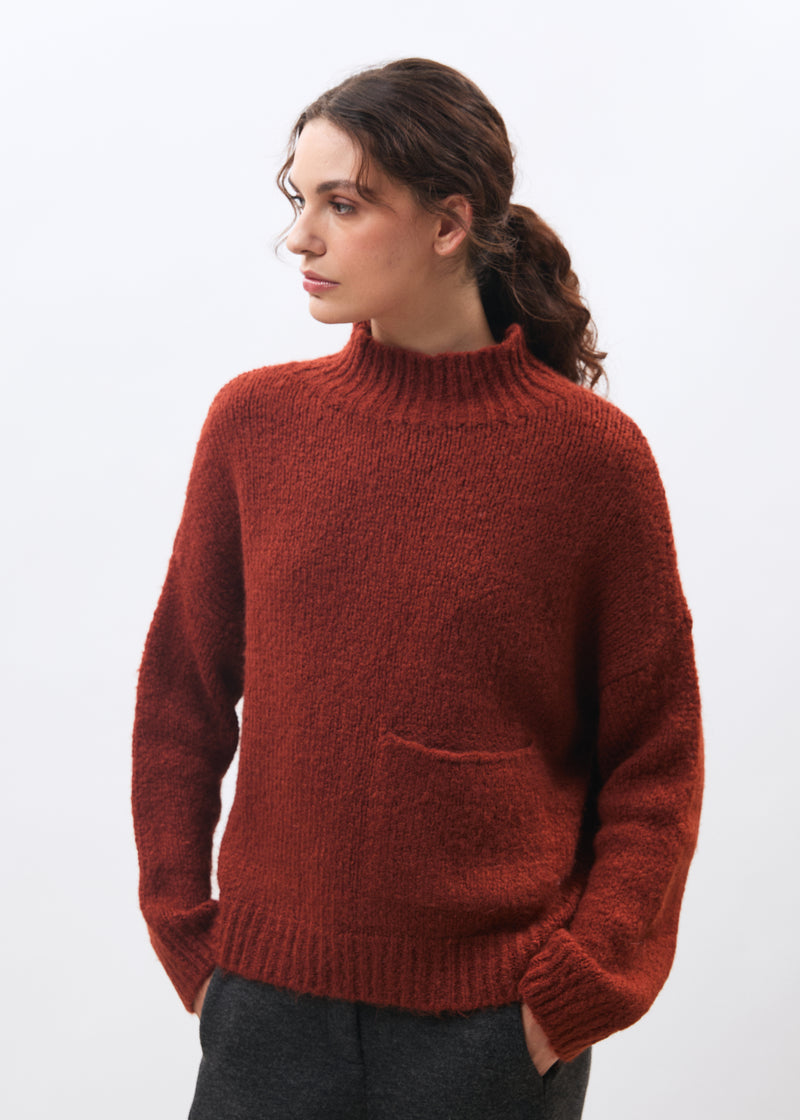 Rust-colored loop knit sweater with turtleneck ~ humility