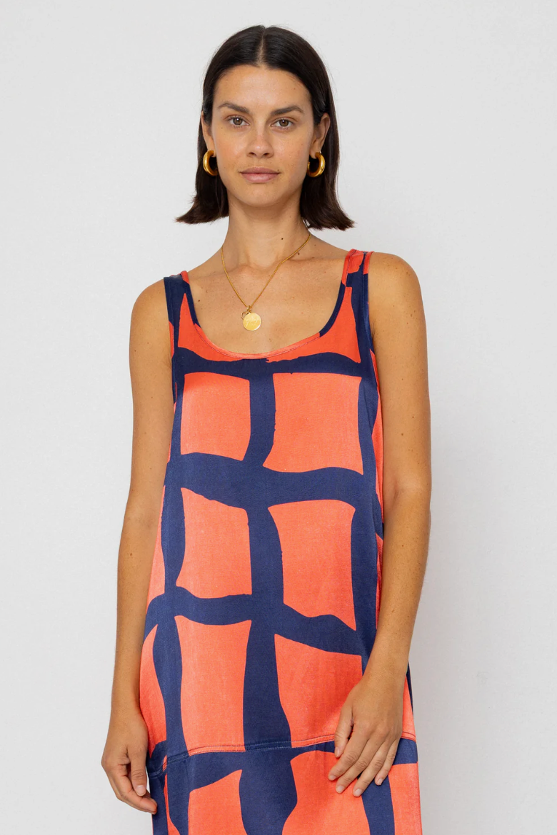 Slip Dress - Abstract Block Print Navy
