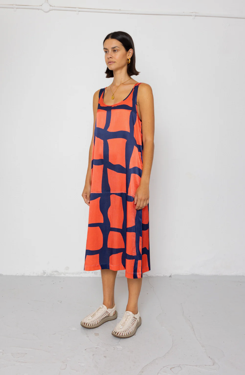 Slip Dress - Abstract Block Print Navy