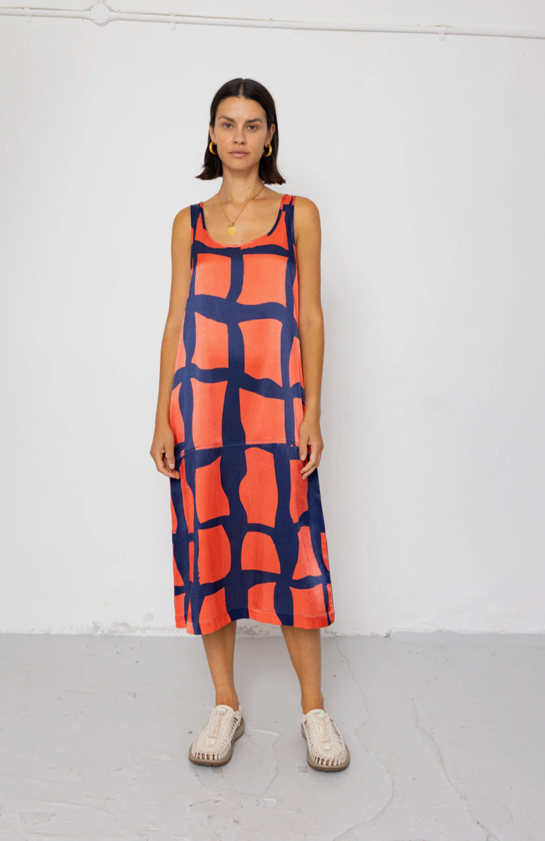 Slip Dress - Abstract Block Print Navy
