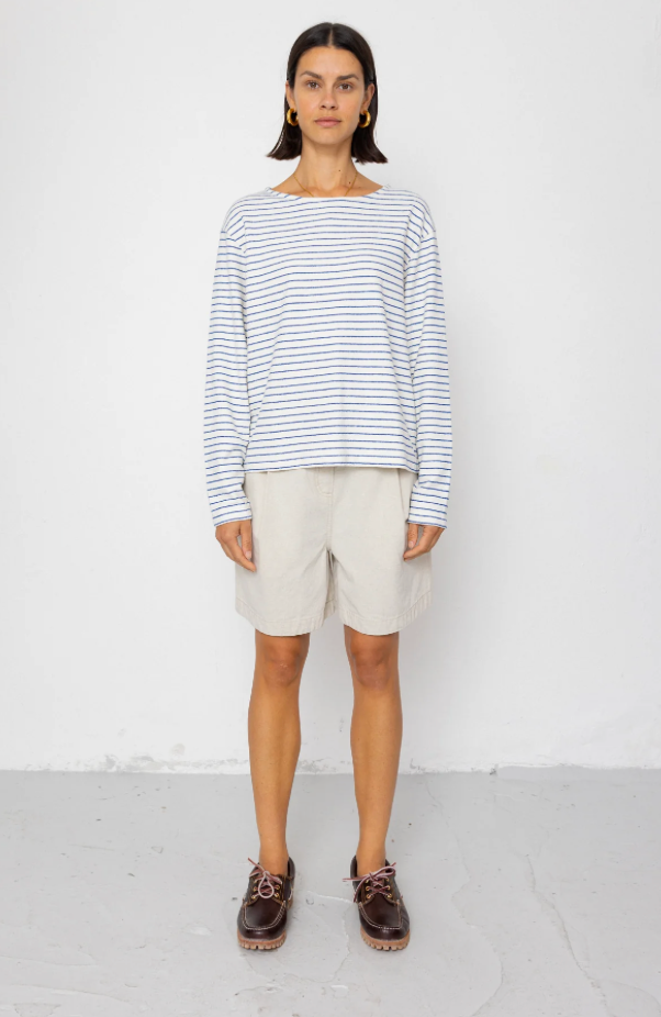Boat Neck T-Shirt - Ecru / Bright Blue