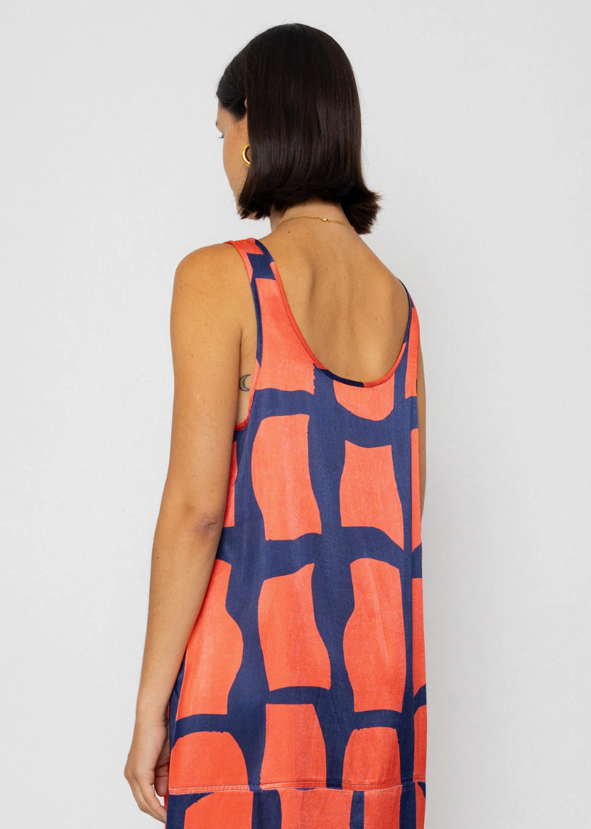 Slip Dress, Abstract Block Print Navy - Folk