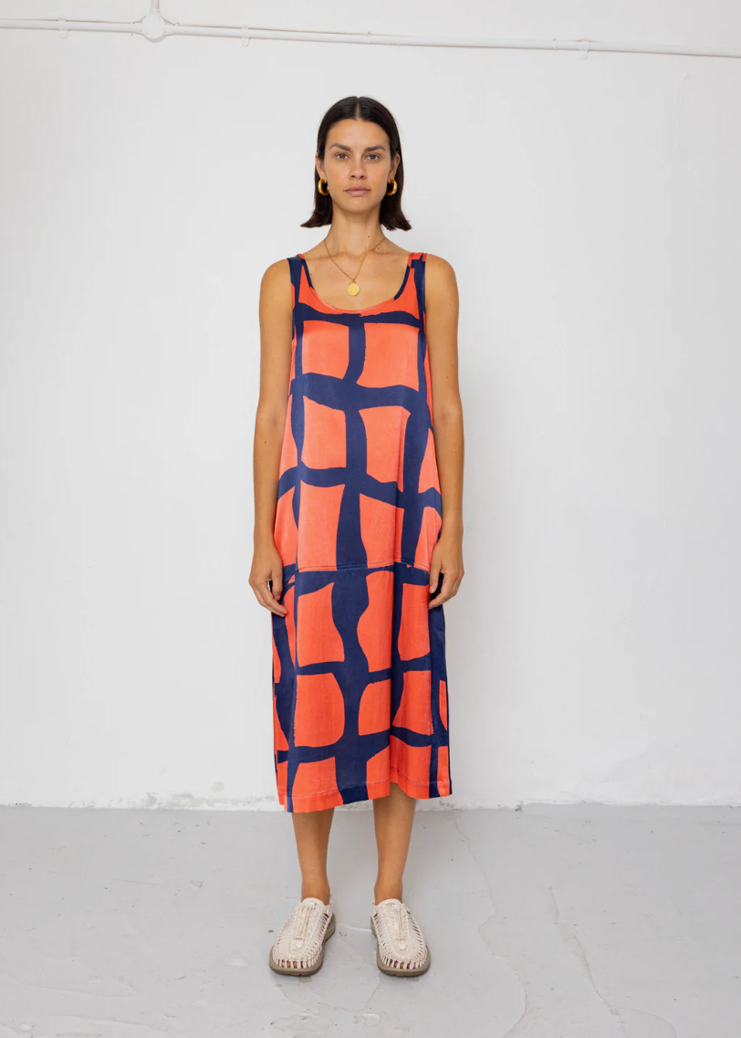 Slip Dress, Abstract Block Print Navy - Folk