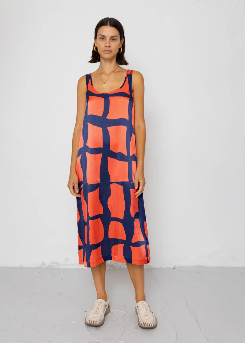 Slip Dress, Abstract Block Print Navy - Folk