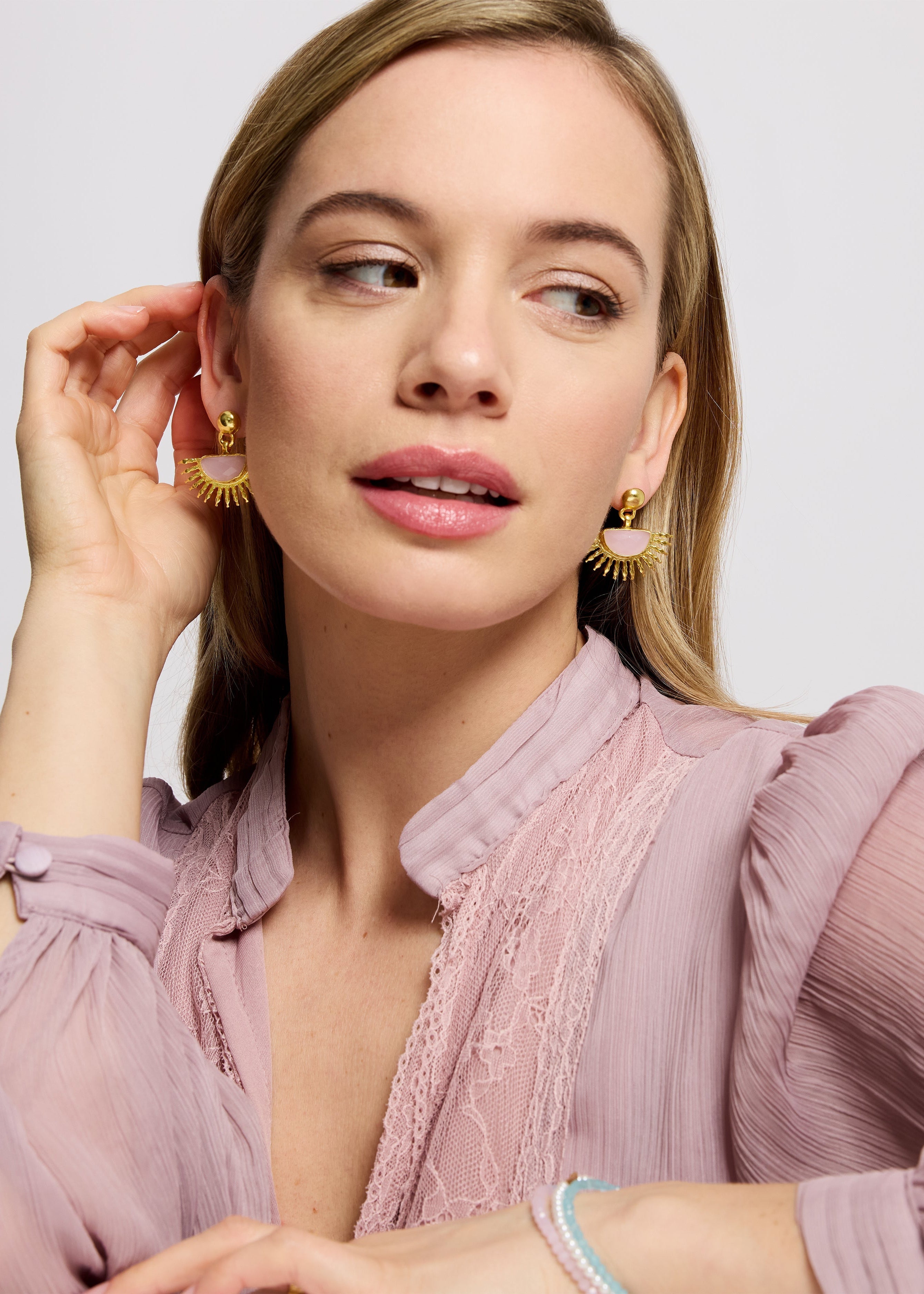 Sunrise Rose Quartz Drop Stud Earrings ~ Ottoman Hands
