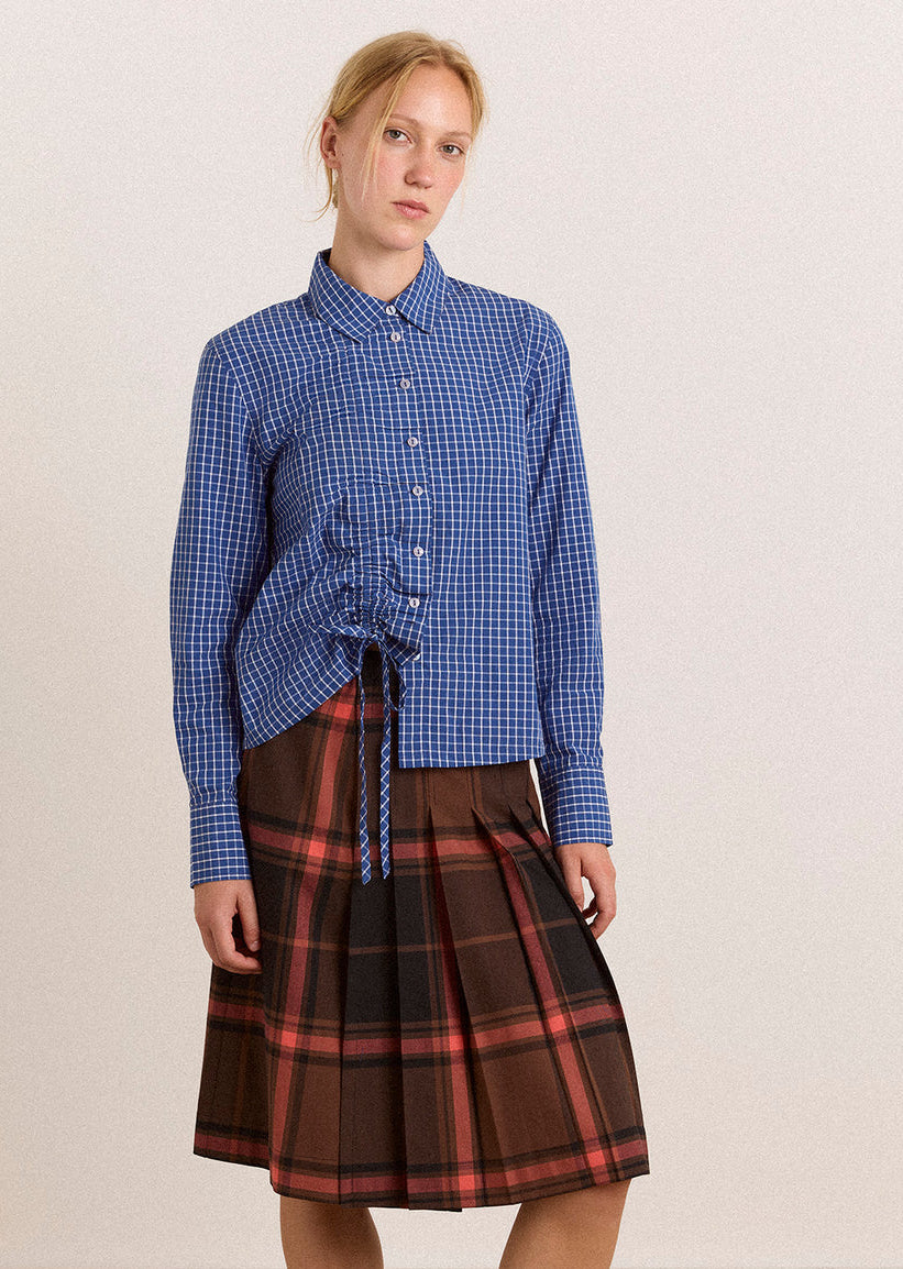 Talia Ruched Shirt, Blue Check ~ Damson Madder