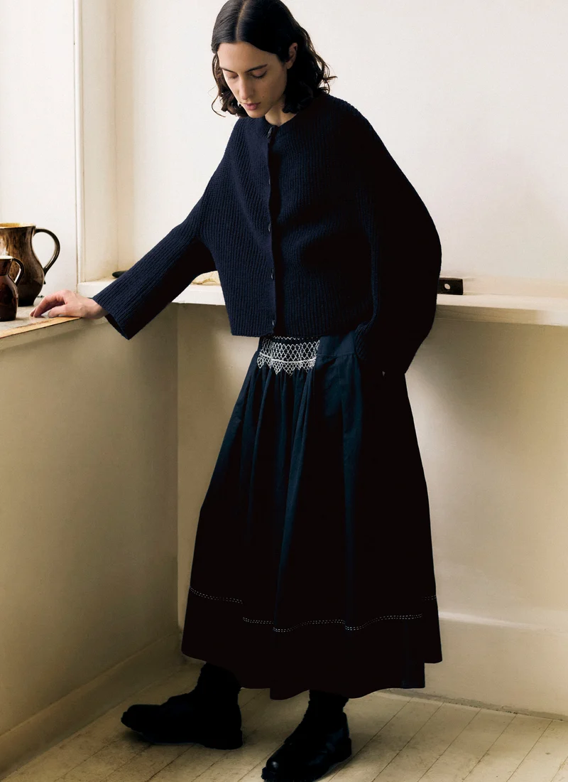 Cotton Satin Smocked Skirt, Midnight