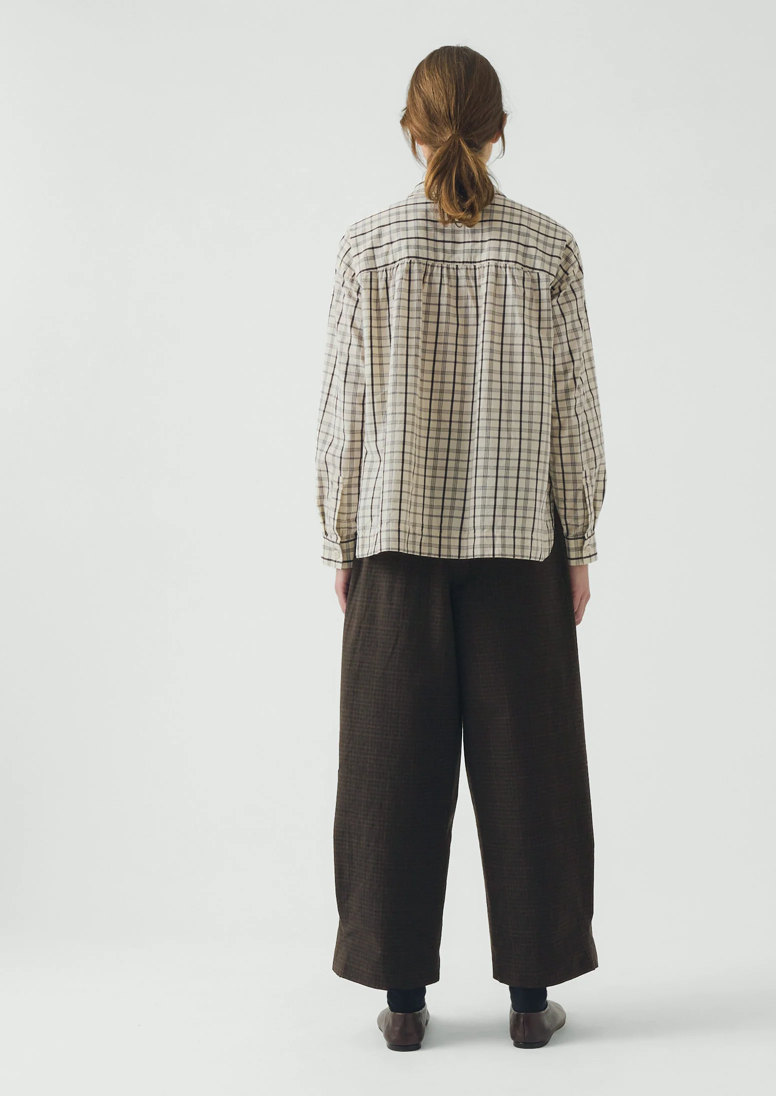 Half Placket Check Cotton Shirt - Ecru